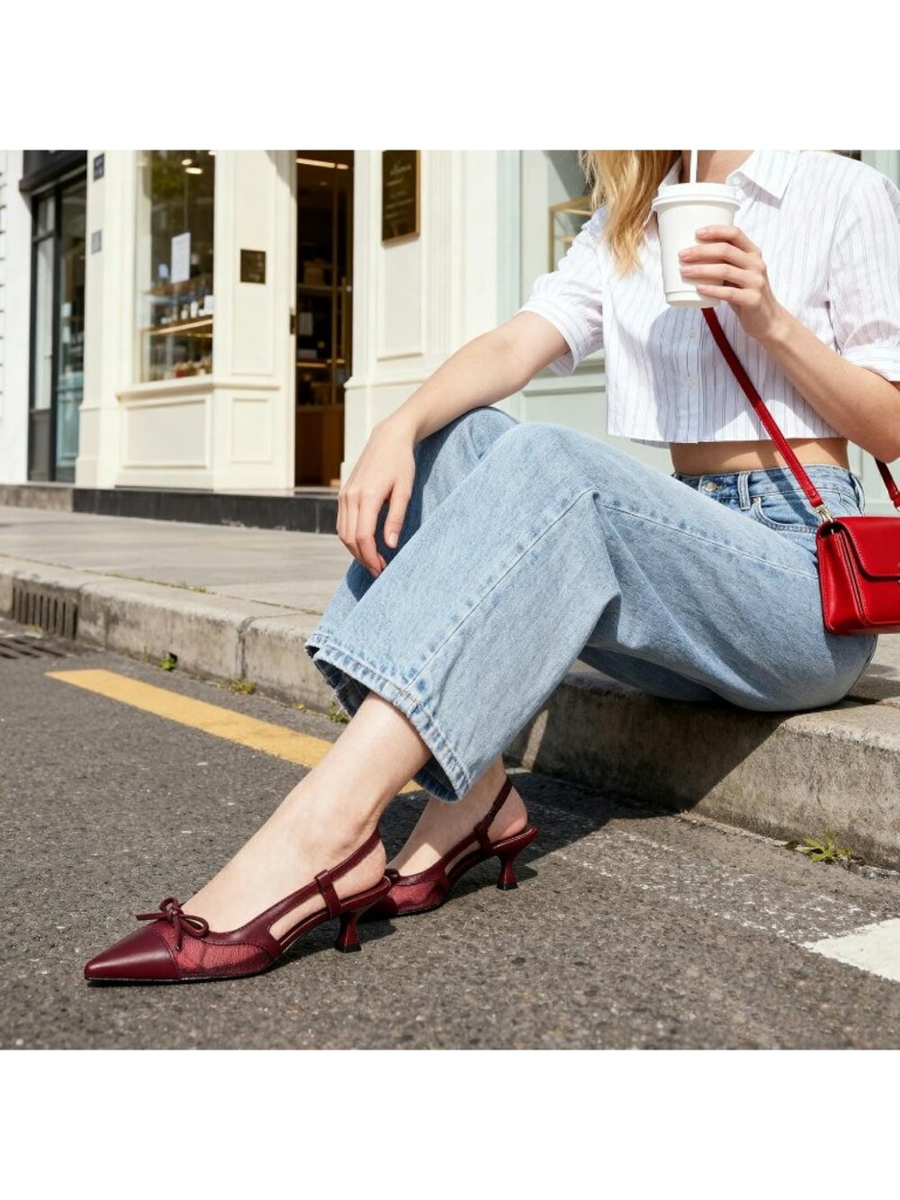 Women's Burgundy Pointed Toe Slingback Heels Dress Shoes Breathable Comfortable - Picture 3 of 6